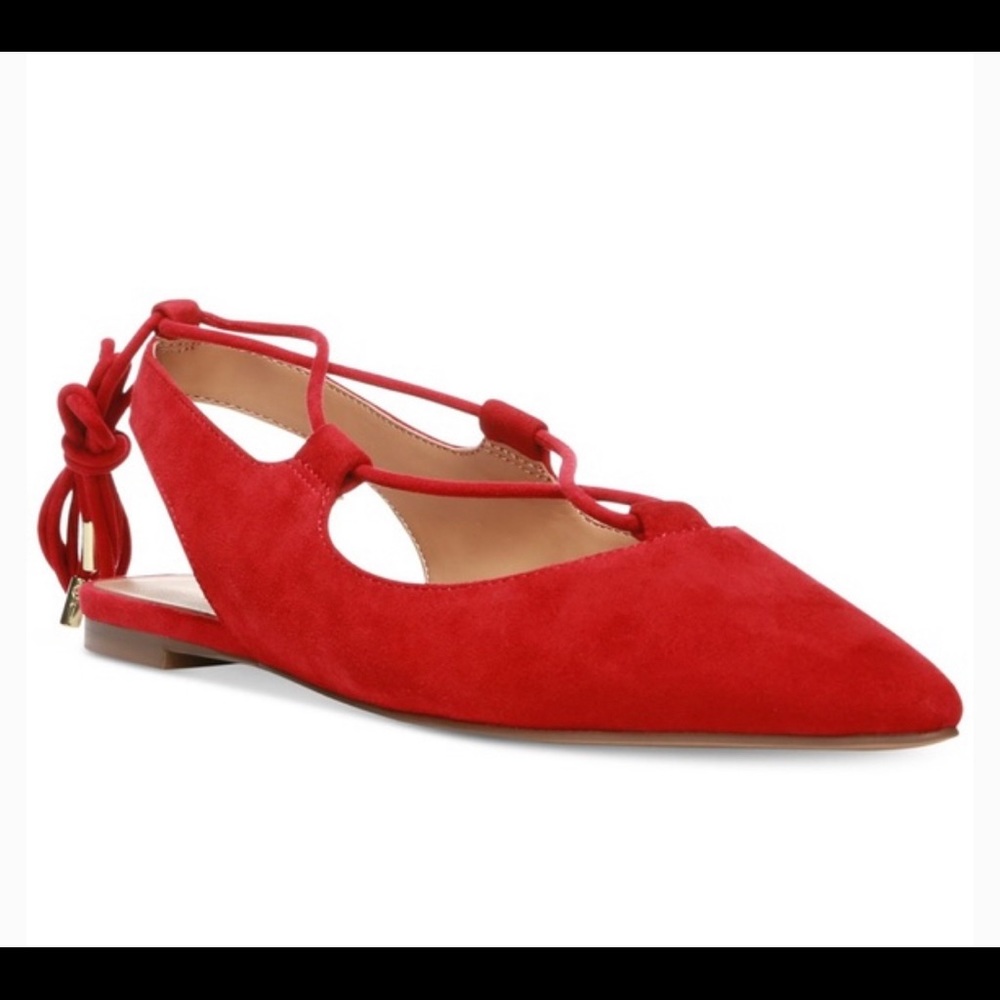Franco Sarto Red Suede Leather flats with leather straps for ankle wrap. Sz 7.5.